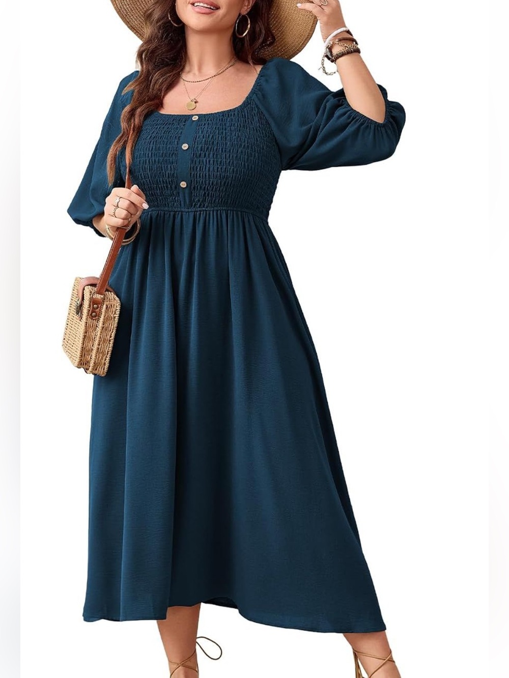 Smocked Square-Neck Midi Dress in Deep Teal